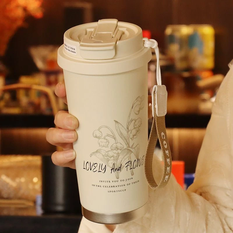 316不锈钢保温杯栀子花双饮咖啡杯ins高颜值大容量女便携车载水杯