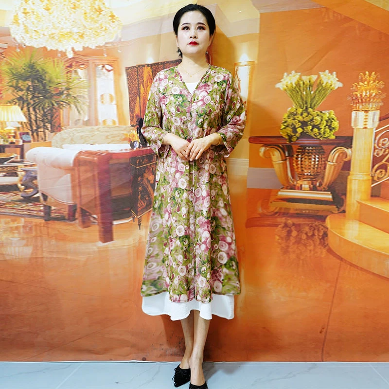 时尚气质夏季上新中长款V领宽松遮肉优雅妈妈装两件套连衣裙8568