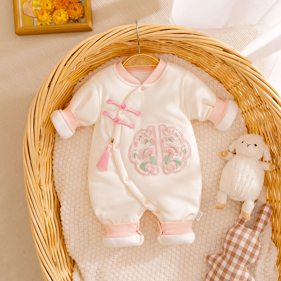 中国风女婴儿夹棉连体衣秋冬季宝宝哈衣爬服外穿衣服棉服冬款哈衣