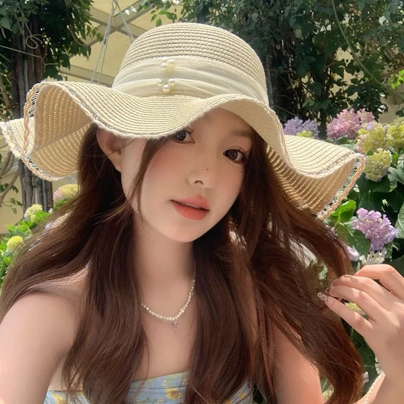 珠子蕾丝草帽女2025新款夏季草编帽出游防晒帽子沙滩海边大帽檐