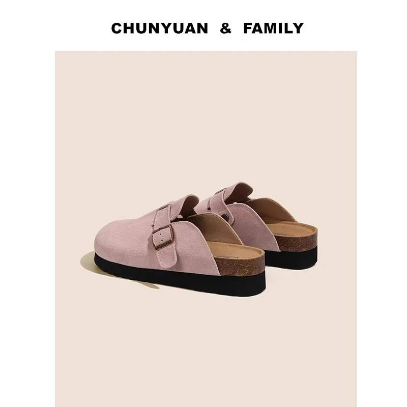 三福粉色勃肯鞋女2025春秋季新款百搭厚底包头半拖鞋软木底博肯鞋