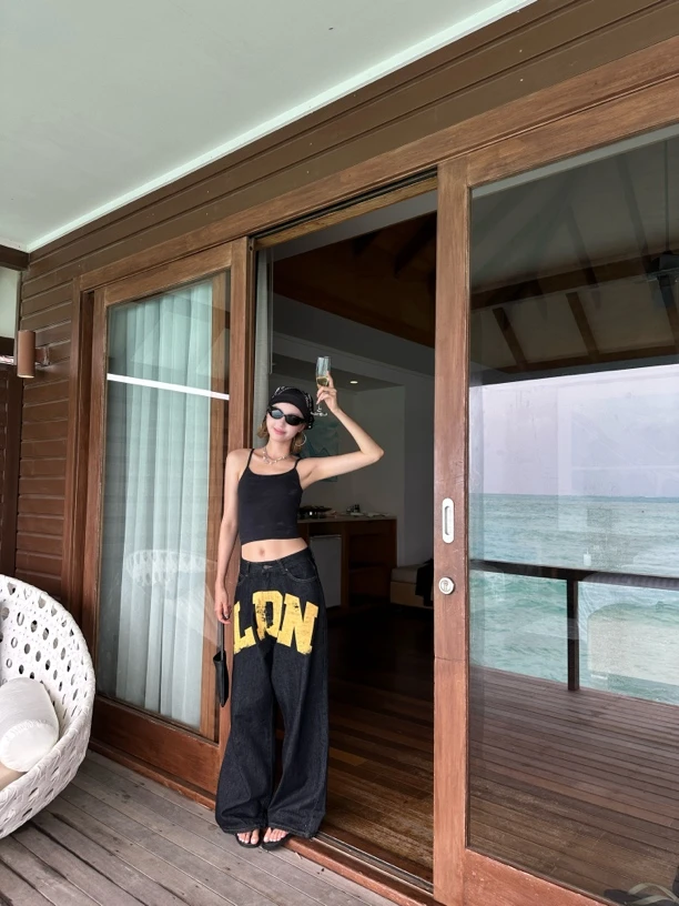 WBHFOR夏季宽松字母牛仔裤阔腿长裤