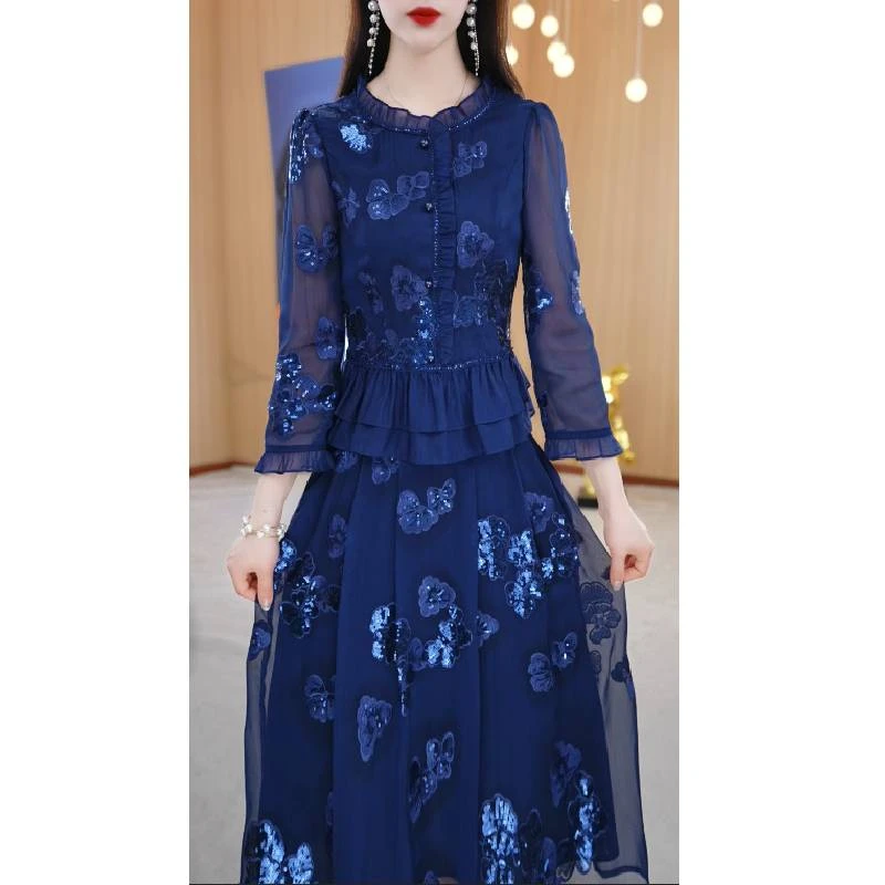 【两件套】春夏新款圆领印花纯色中长款长袖通勤两件套套装