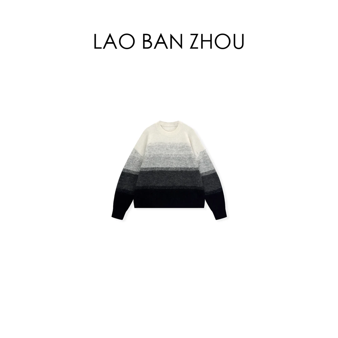 【老板周】设计感 秋冬复古圆领渐变色设计慵懒毛衣
