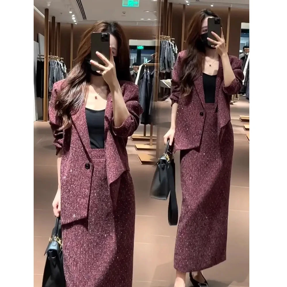 时尚套装裙女2025秋季大码小香风洋气显瘦西服外套半身裙两件套潮