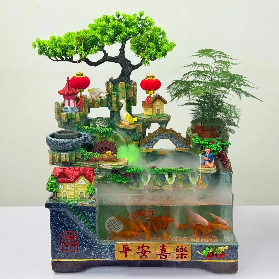 平安喜乐假山流水循环过滤家用鱼缸摆件客厅装饰开业乔迁创意礼品