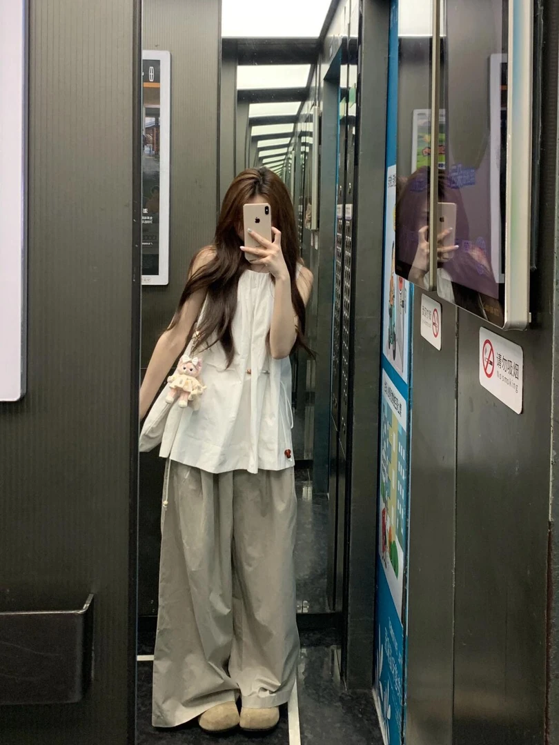 夏季韩系温柔风圆领纯色无袖背心褶皱收腰气质串珠上衣休闲裤套装