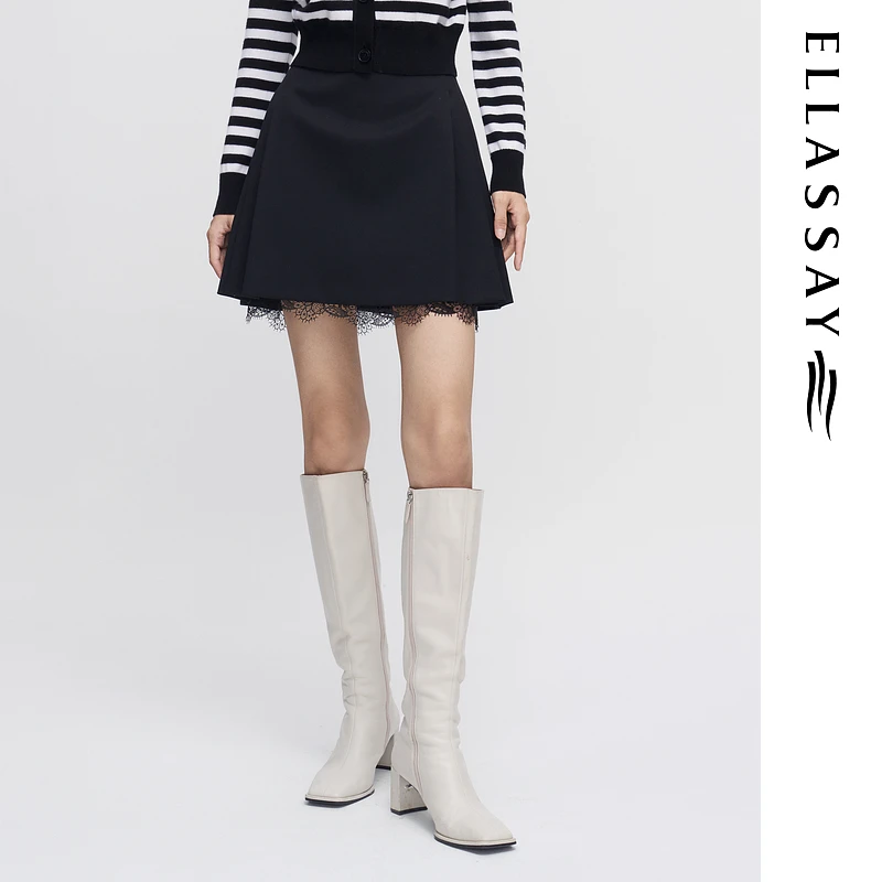 【晨粉专享】ELLASSAY春夏新款蕾丝边压褶A字半身裙女EWE341Q02900