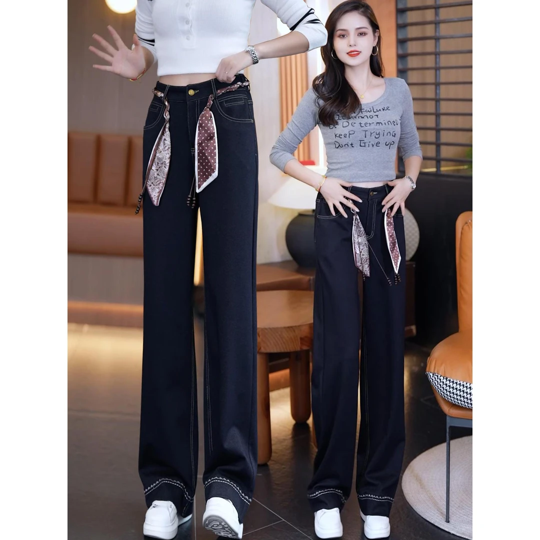 秋冬加绒加厚休闲牛仔裤女丹宁蓝2025新款高腰显瘦窄版直筒阔腿裤