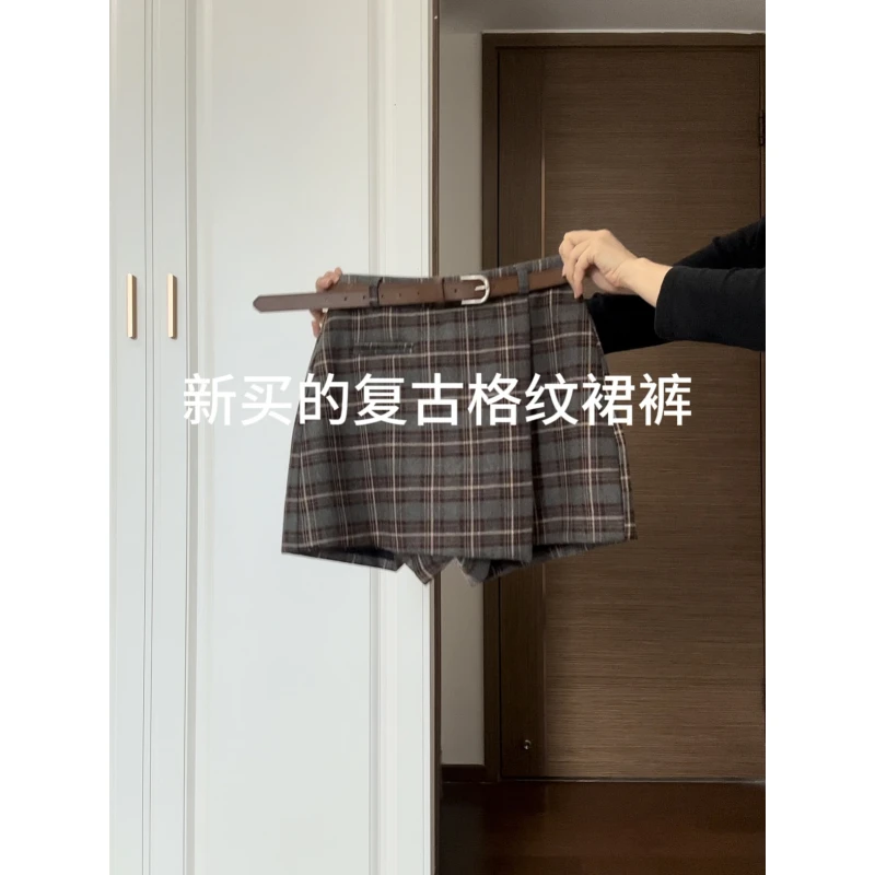 【秋上新】复古格纹百搭学院风高腰休闲短裤裙假两件遮跨显瘦裤裙