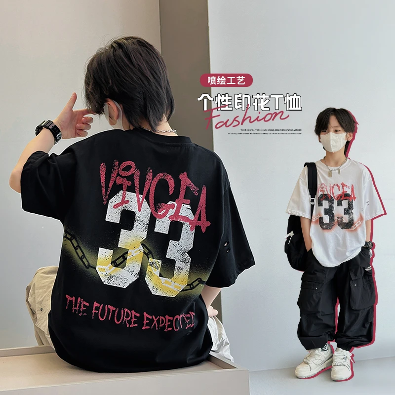 男童短袖夏季2025新款男孩字母印花T恤儿童夏装中大童炸街半袖潮