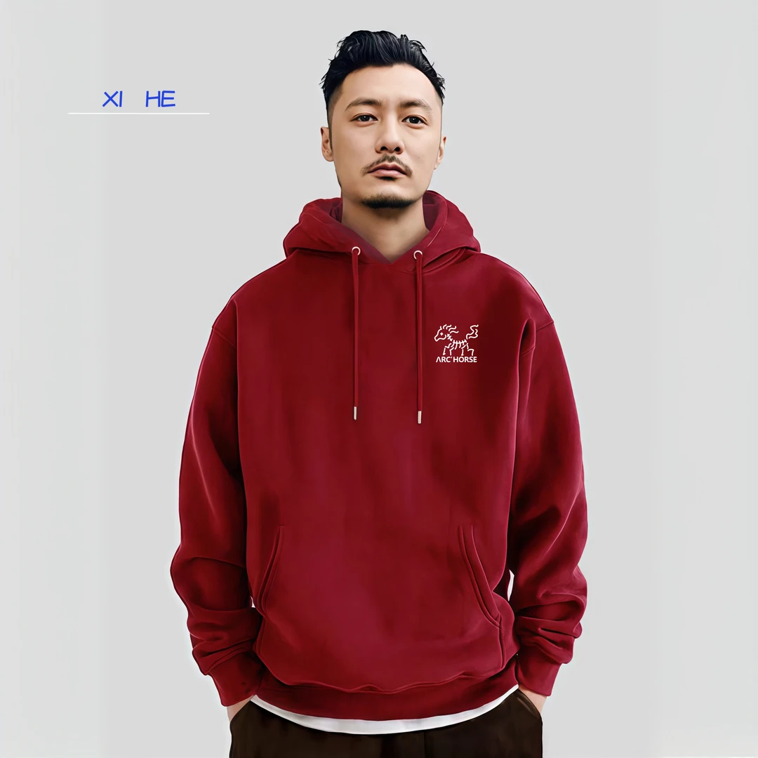 国潮马年本命年男士衣服酒红色加绒连帽卫衣男秋冬款潮牌男装外套