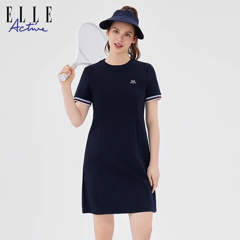 ELLE Active时尚休闲连衣裙女2025夏季运动短袖圆领a字裙正肩显瘦
