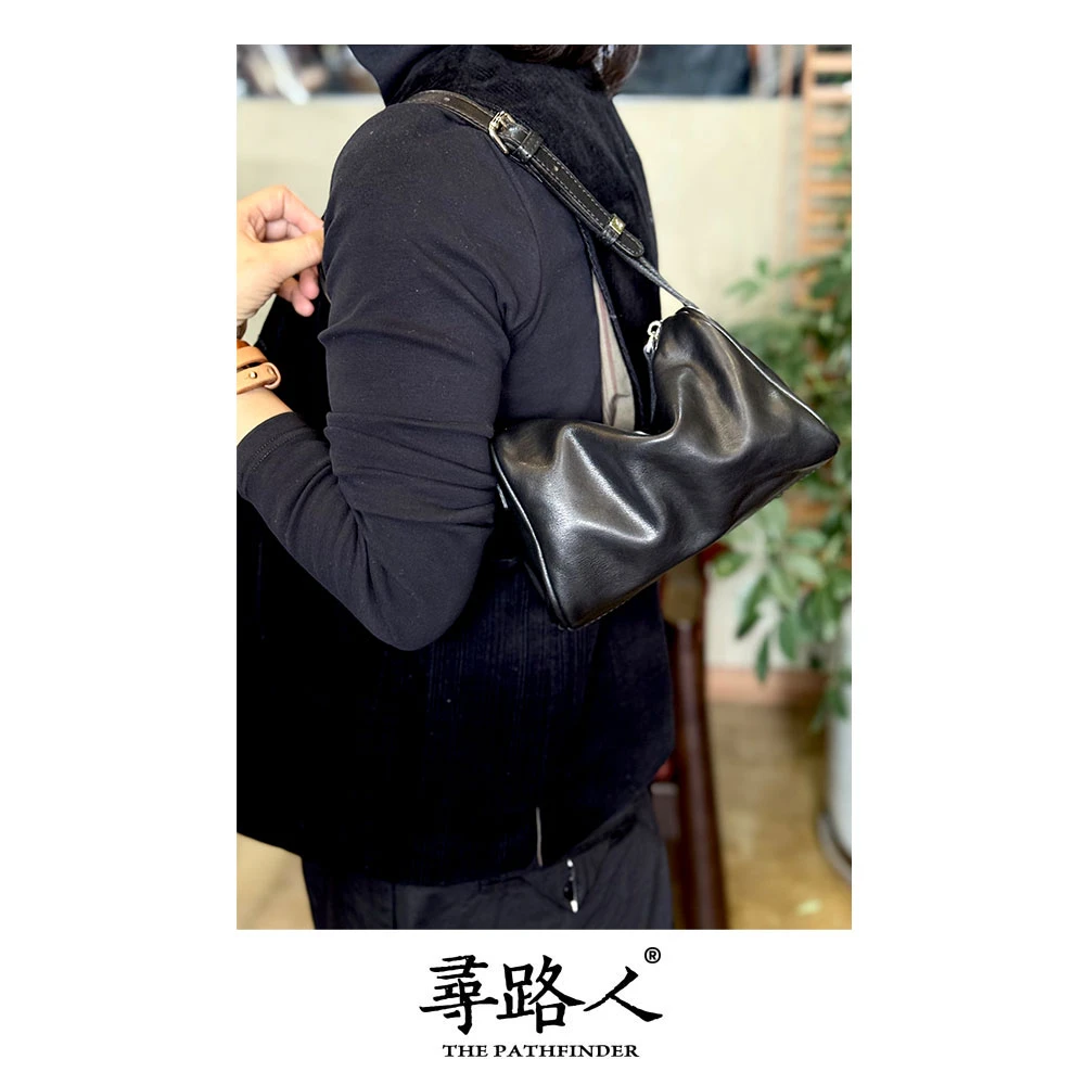 寻路人休闲经典个性真皮黑色百搭质感简约风格款单肩包