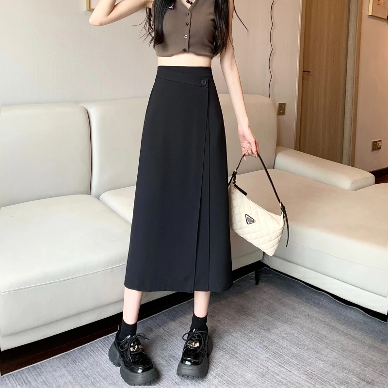 黑色显瘦长款半身裙女韩版垂感高腰a字裙遮胯百搭中长款西装裙