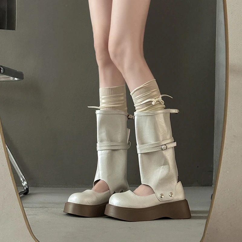 OJRZ法式设计感圆头筒靴女士2025夏季两穿可拆卸厚底增高时髦单鞋