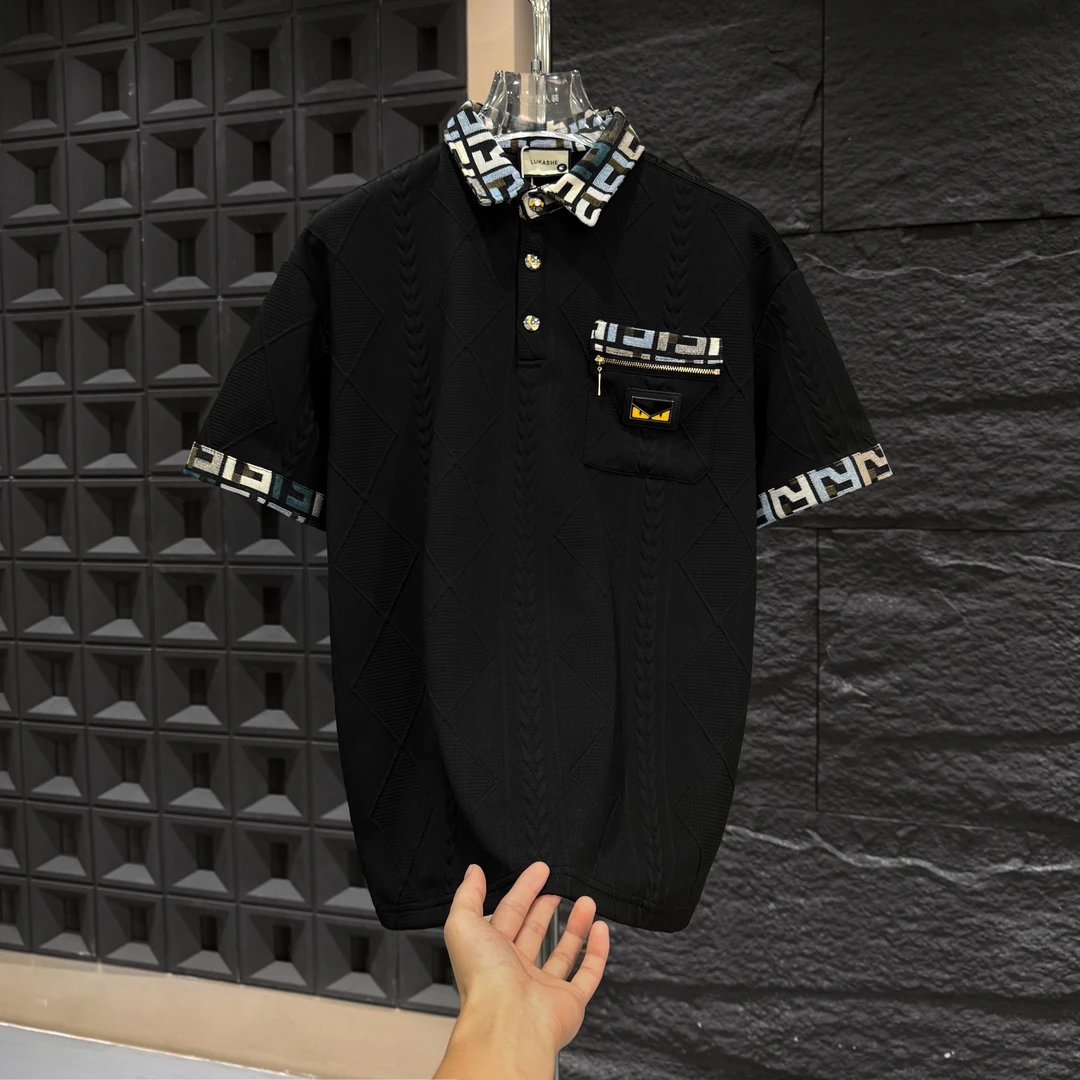 SP-P66-夏季新款奢潮口袋拼接小恶魔立领时尚短袖