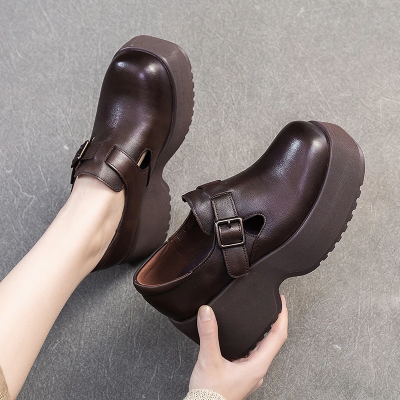 558春秋新款单鞋女增高7cm轻便软底复古真牛皮松糕鞋搭扣小皮鞋子