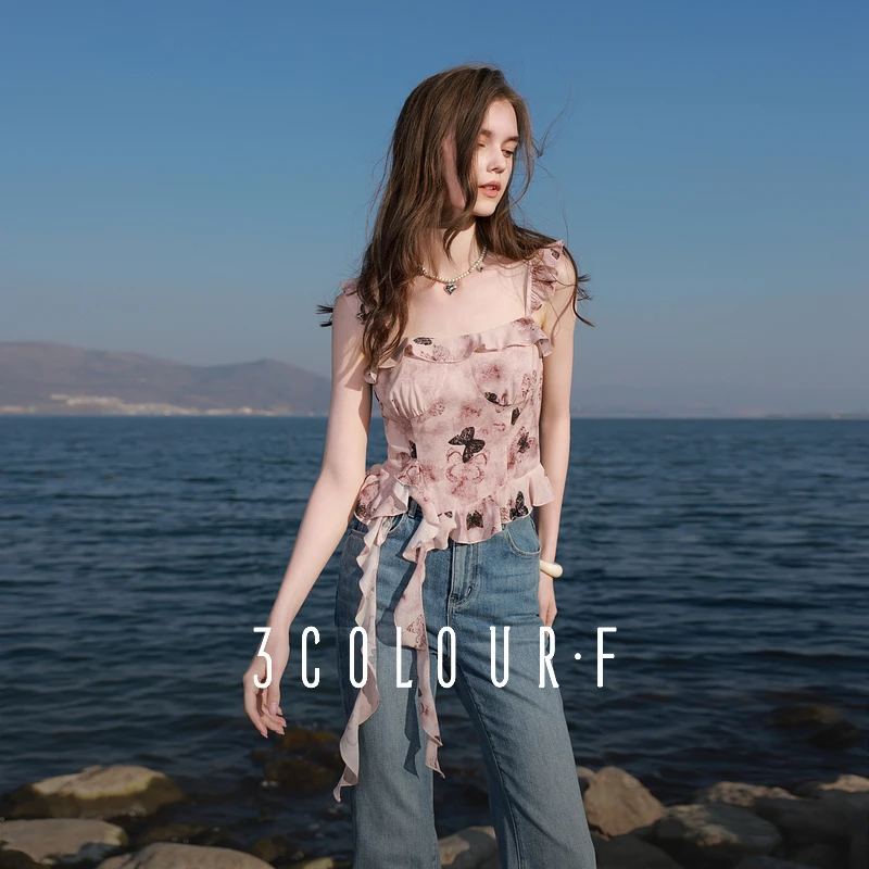 三彩独醒2025夏季新款荷叶边小衫无袖吊带上衣氛围感短款衬衣女F