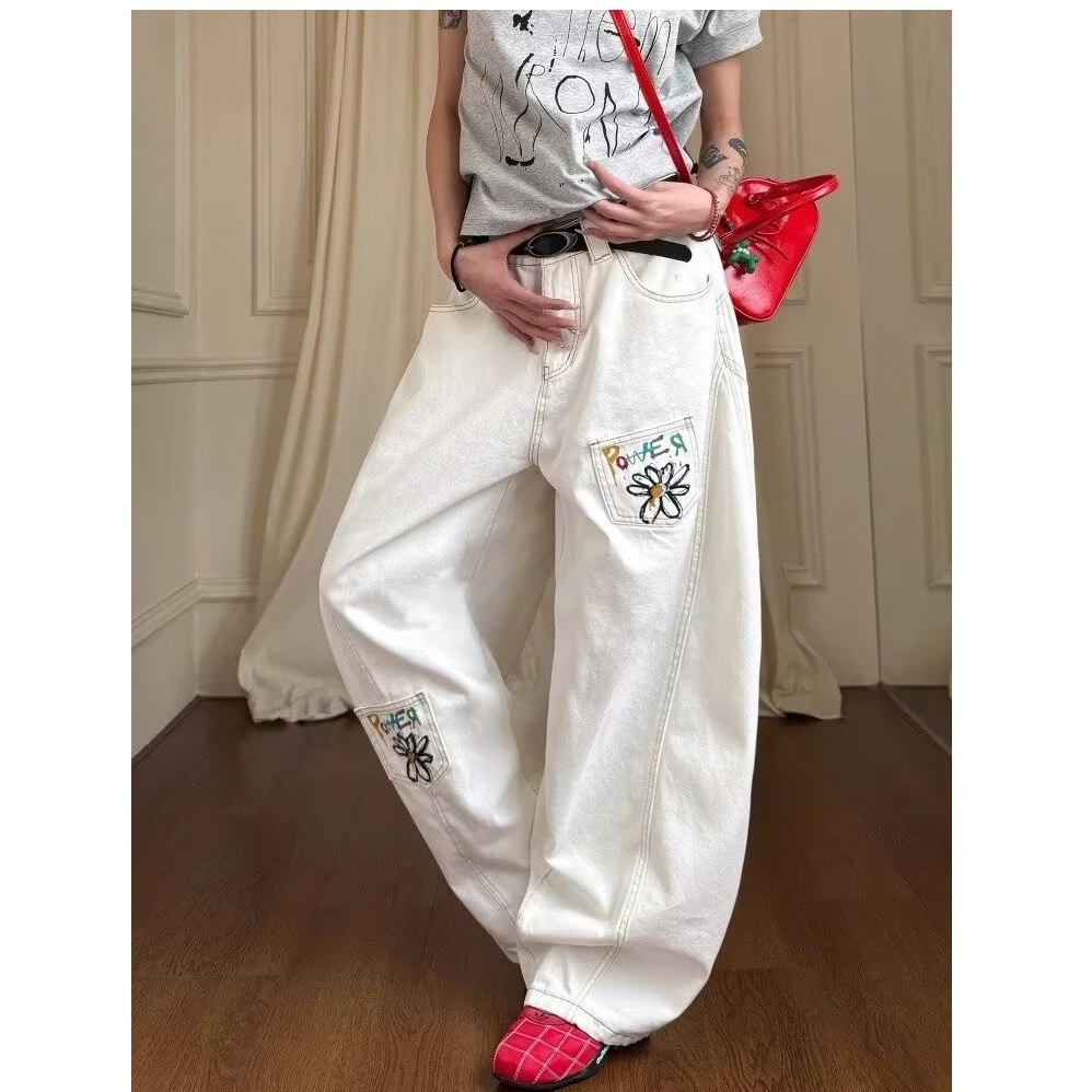 美式复古印花卉阔腿弯刀牛仔裤女vintage显瘦情侣休闲裤