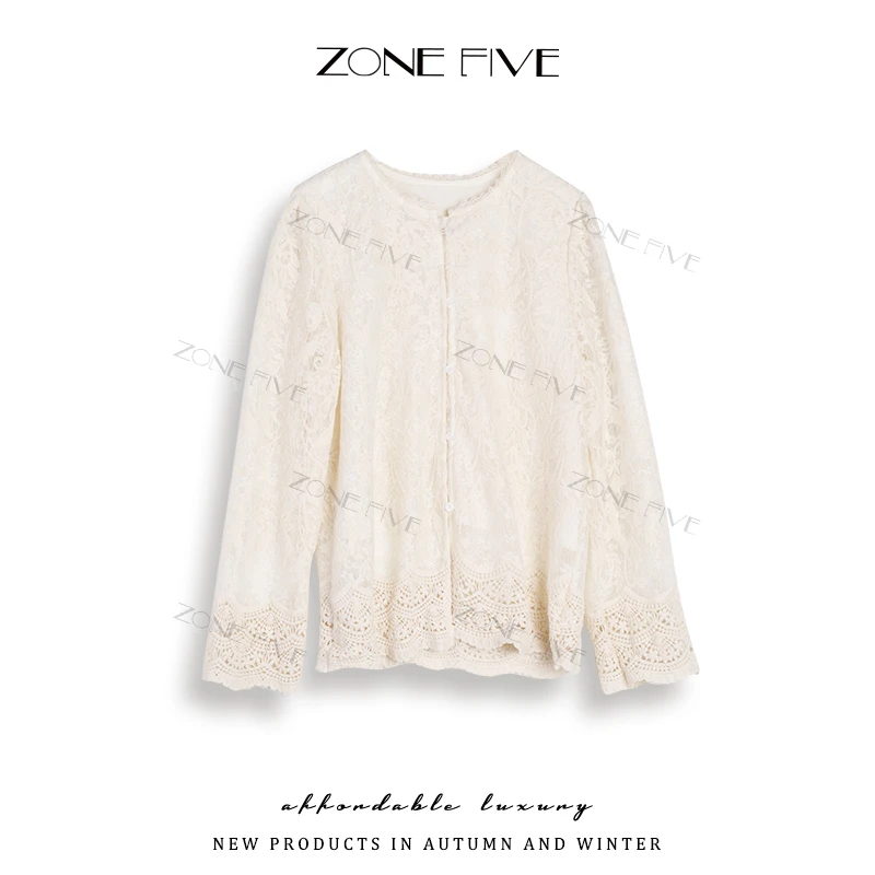 【zonefive】温柔米色韩系蕾丝花边打底衫女长袖刺绣衬衫春季洋气