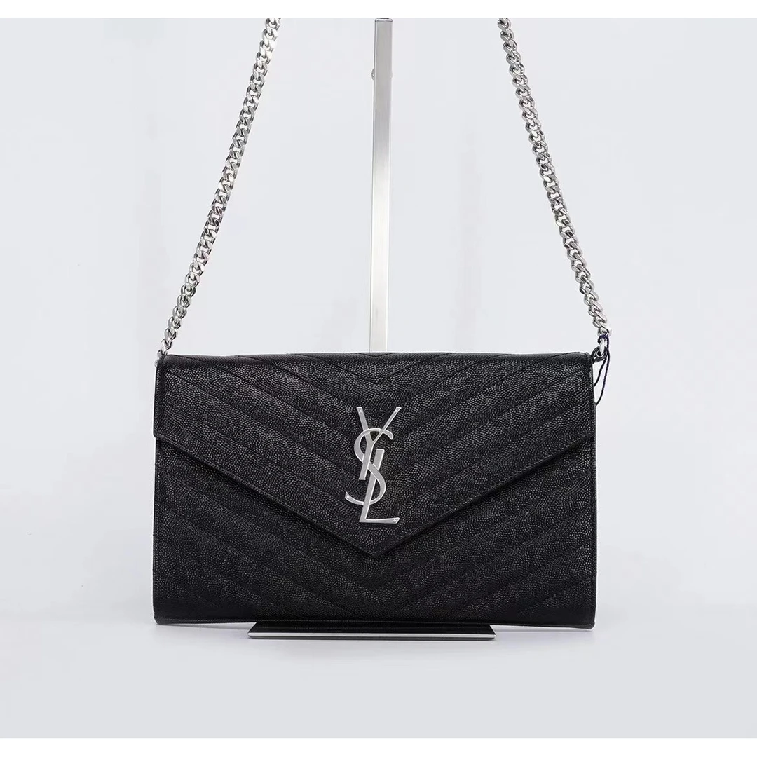 99新 YSL/圣罗兰 /黑银中号鱼子酱信封包/链条包/女士包/精选