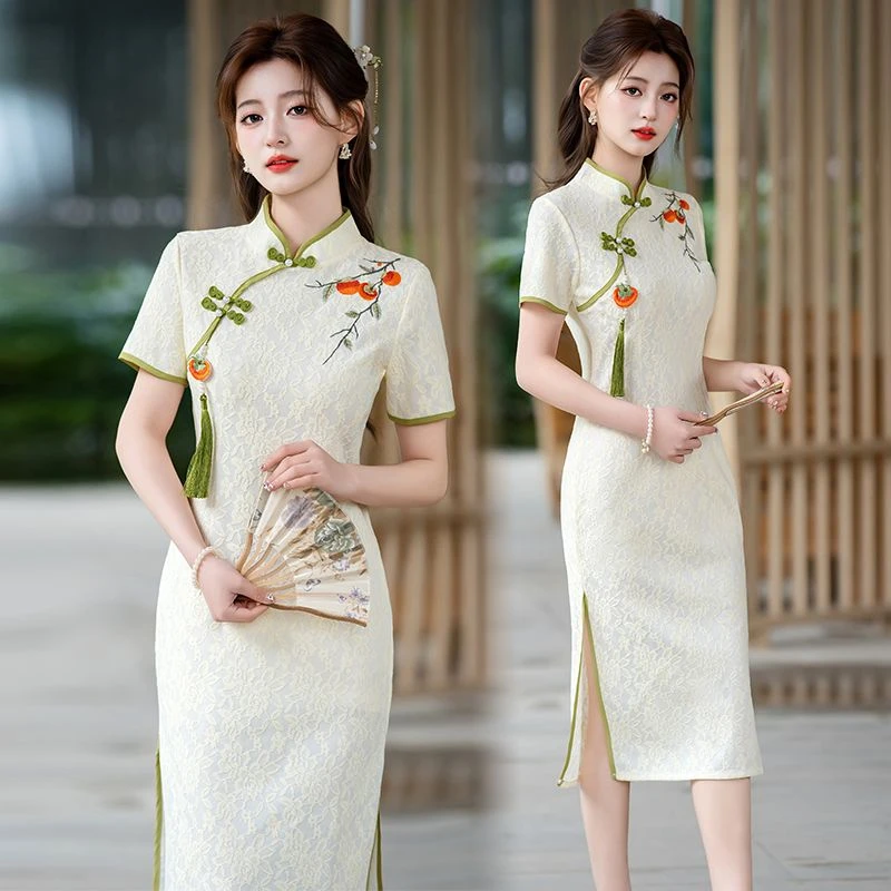 事事如意高考送考旗袍女旗开得胜绣花中长款日常可穿夏季连衣裙