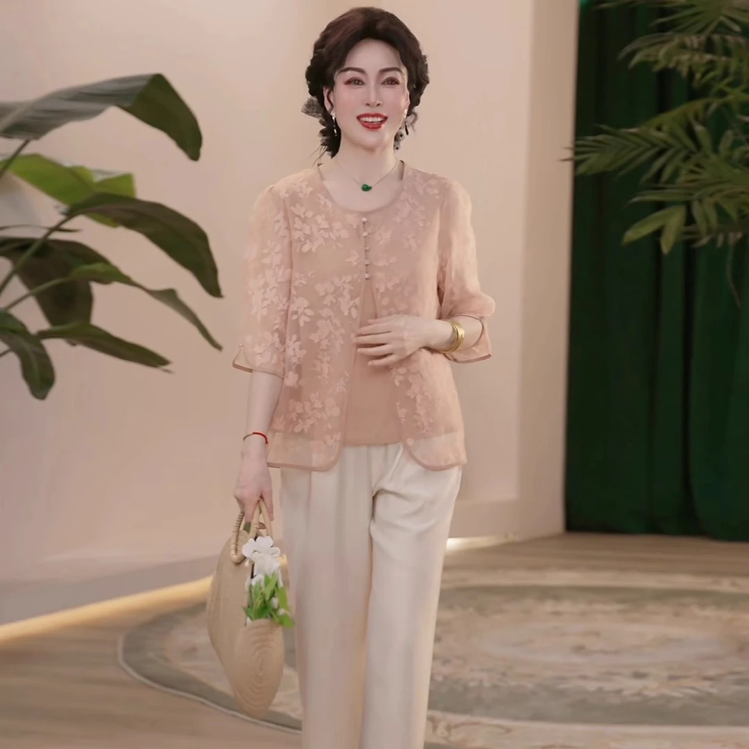款中国风衣服洋气V领衬衫母亲节礼物宽松小衫套装母亲节洋气衣服