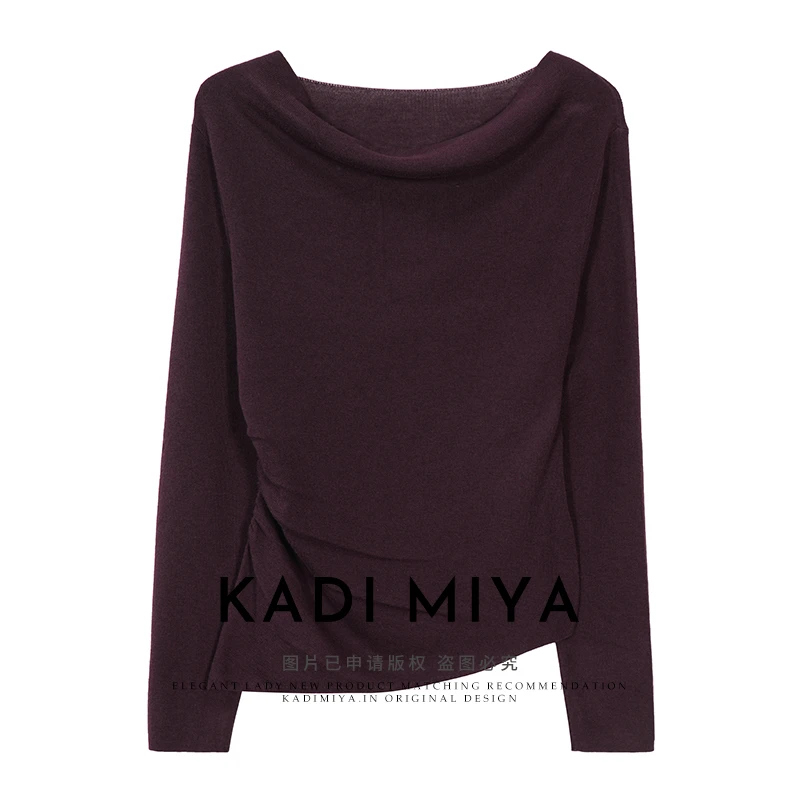 KADIMIYA【卡塔尼亚】法式不规则荡领捏褶针织衫优雅百搭丝光羊毛女