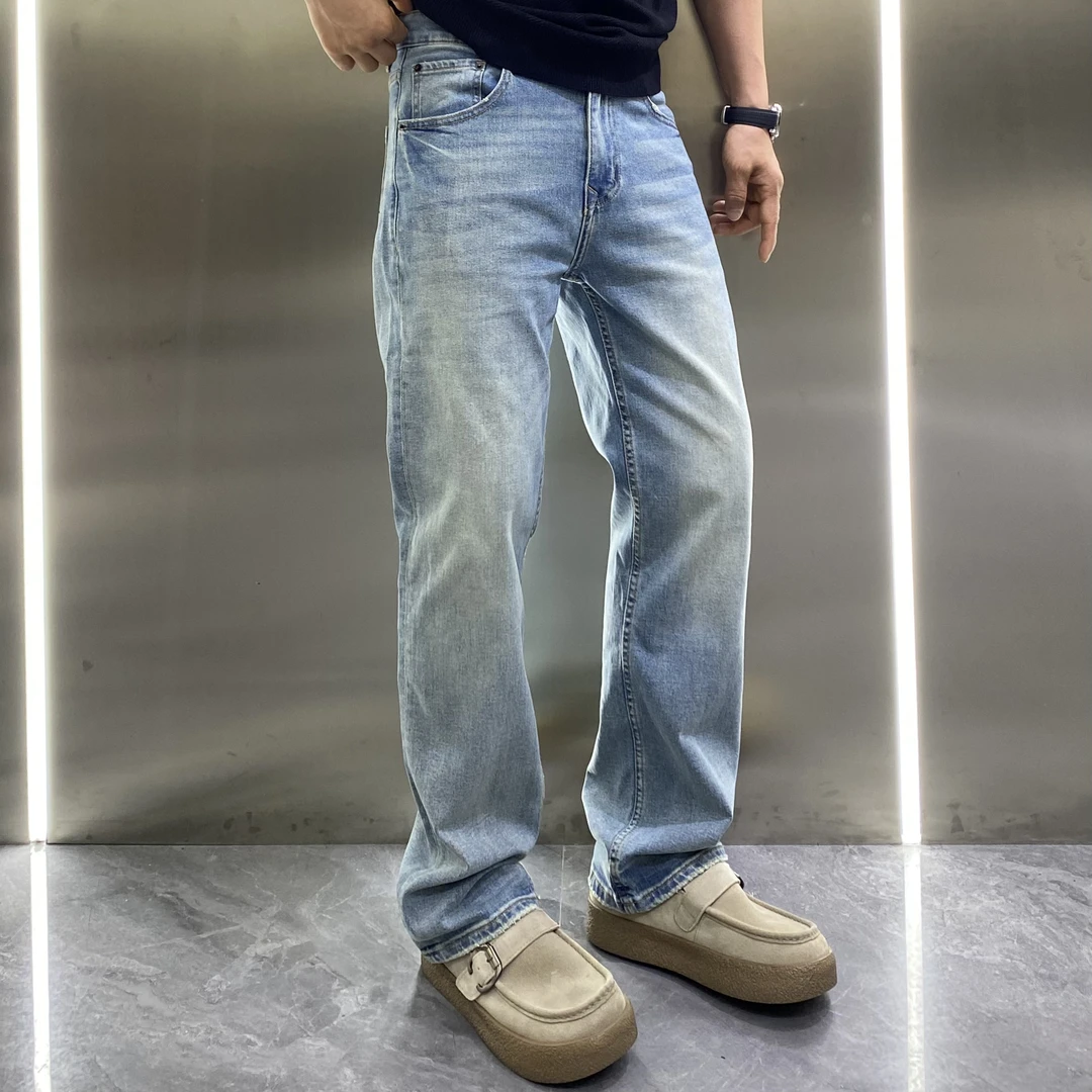 复古水洗口袋刺绣合身中直筒微宽松弹力薄款牛仔裤美式痞帅长裤男