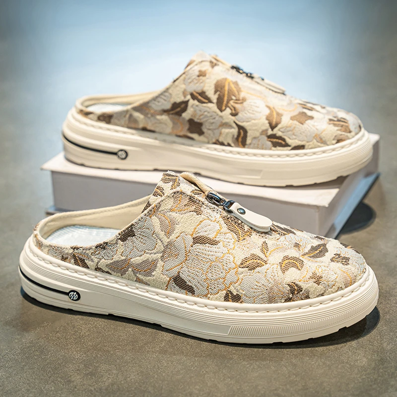 包头拖鞋男夏季2025新款百搭休闲防滑半拖潮鞋男士时尚一脚蹬布鞋