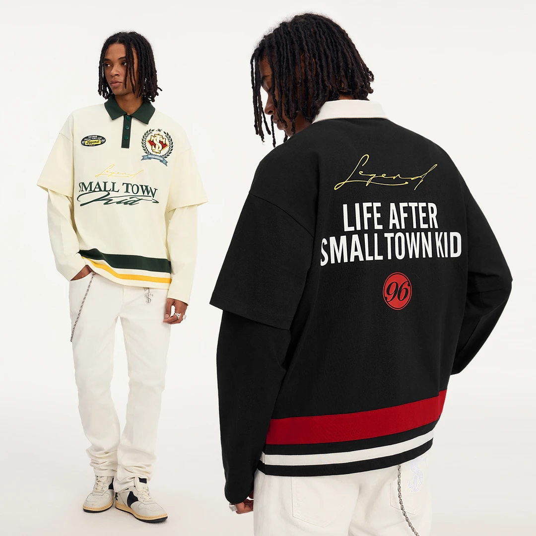 STK SmallTownKid 美式复古假两件长袖polo衫立体刺绣徽章上衣潮