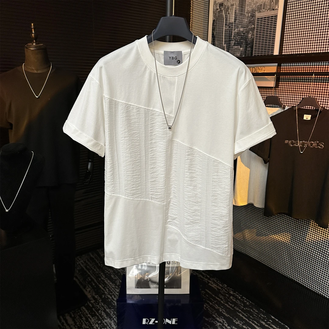 【GEYAO】夏季原创潮流拼接肌里感设计T恤百搭亲肤冰感棉圆领短袖