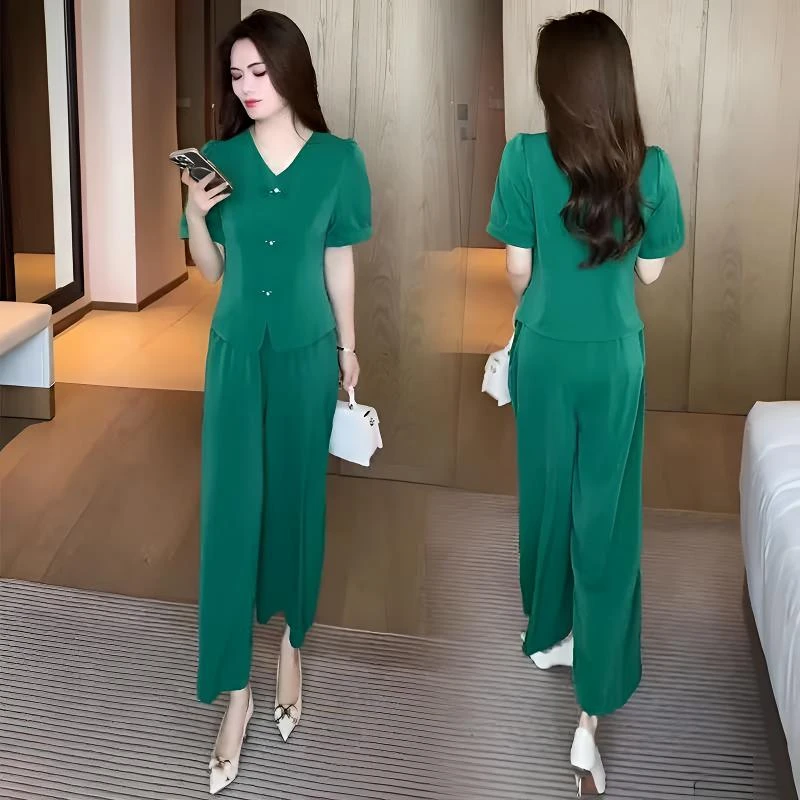 新中式时尚优美套装女2025夏季新款洋气显瘦盘扣短袖阔腿裤两件套