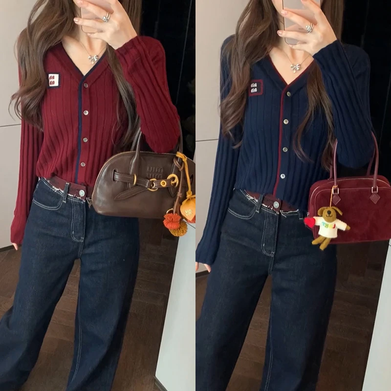 【mimius】游鹿鹿 欧洲小众设计师款V领撞色羊毛开衫 WF09012