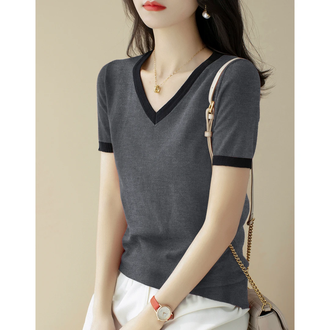 2025夏季新款套头V领短袖百搭针织衫宽松显瘦气质T恤上衣女装