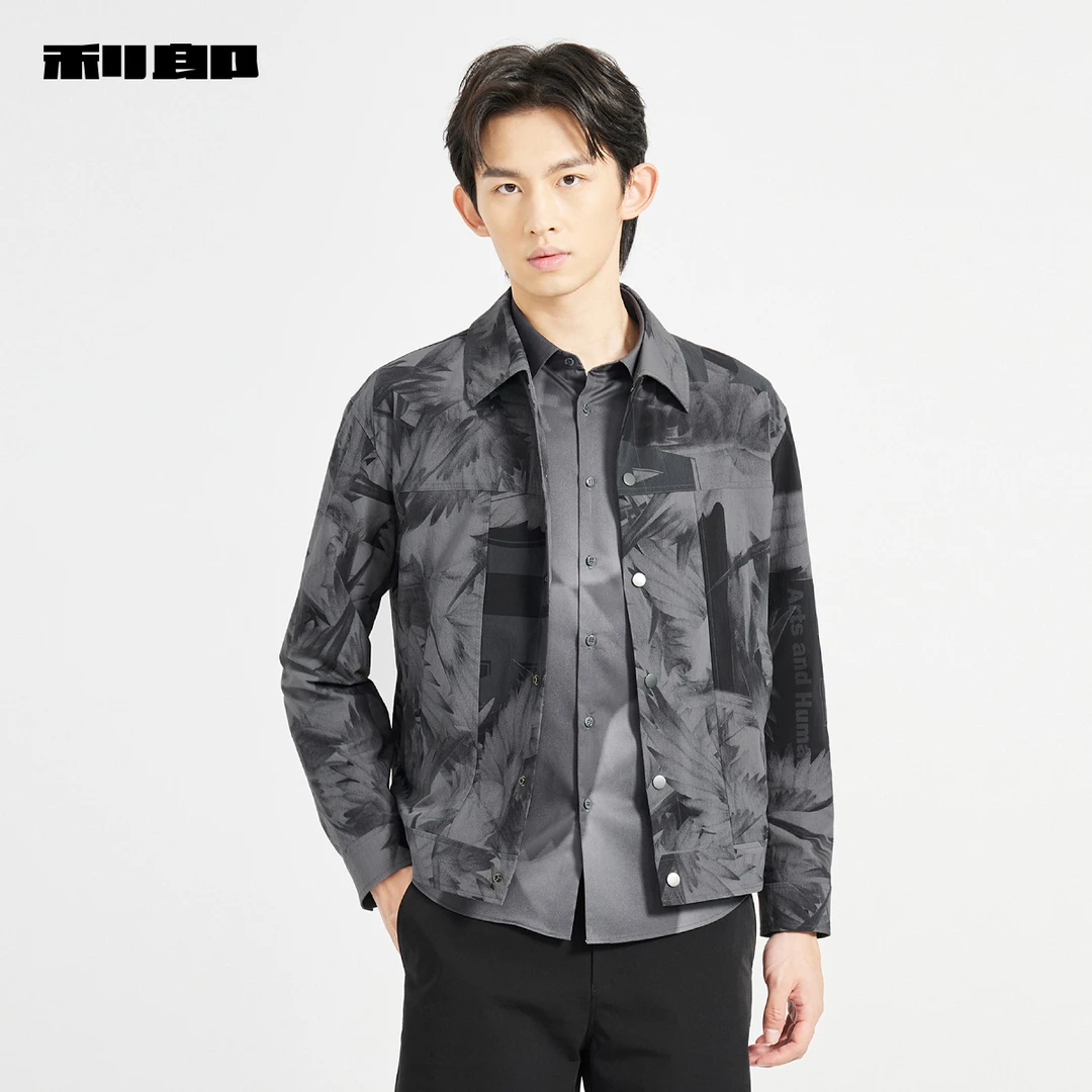 利郎官方 夹克男士2025春季新款长袖短款翻领休闲男装印花外套男