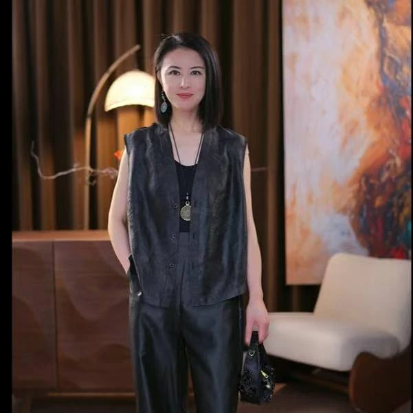【嘉禾】100%桑蚕丝香云纱东方古韵宽松盘扣对襟V领小马甲上衣