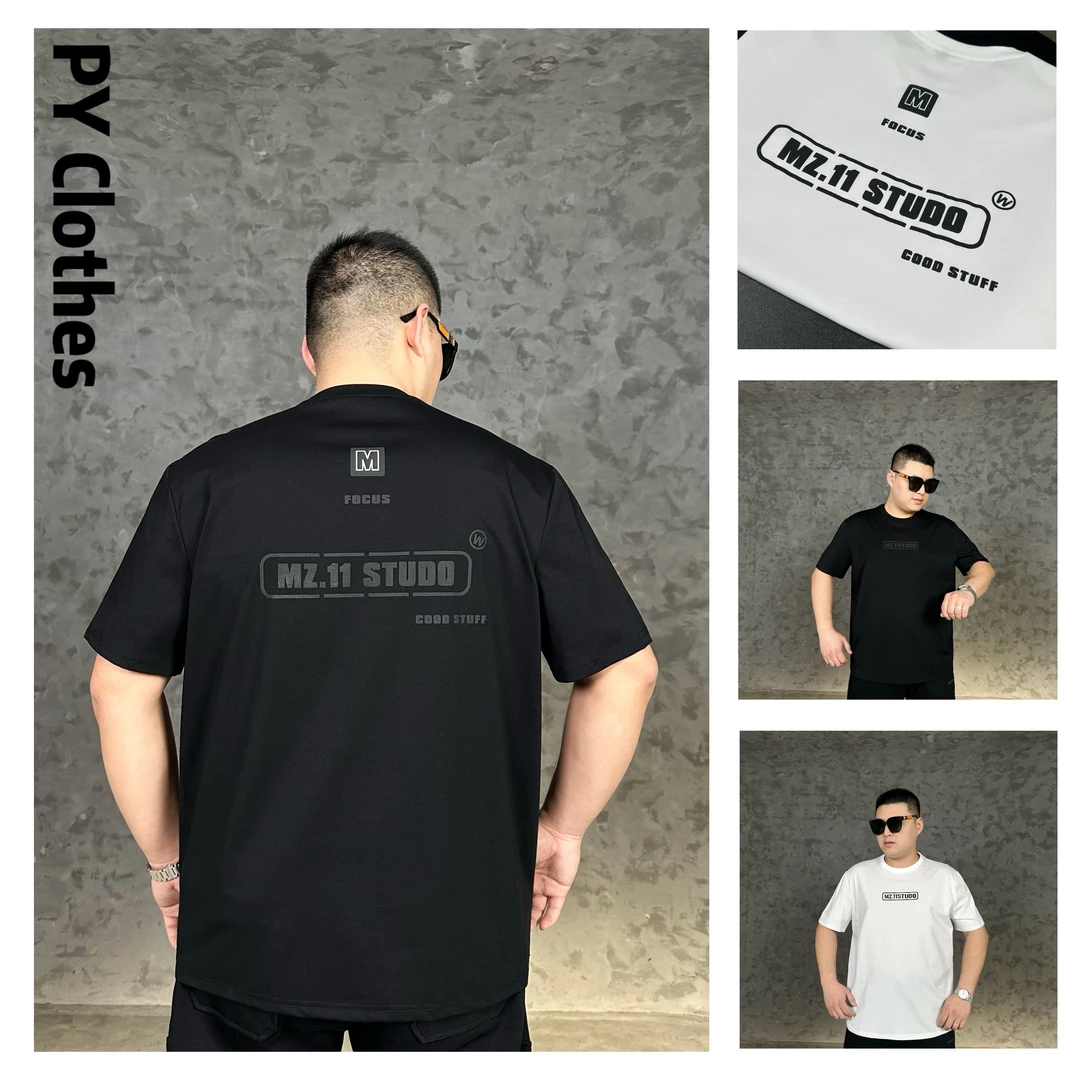 胖语大码男装 2025年春季简约百搭立体字母休闲圆领短袖78933#S