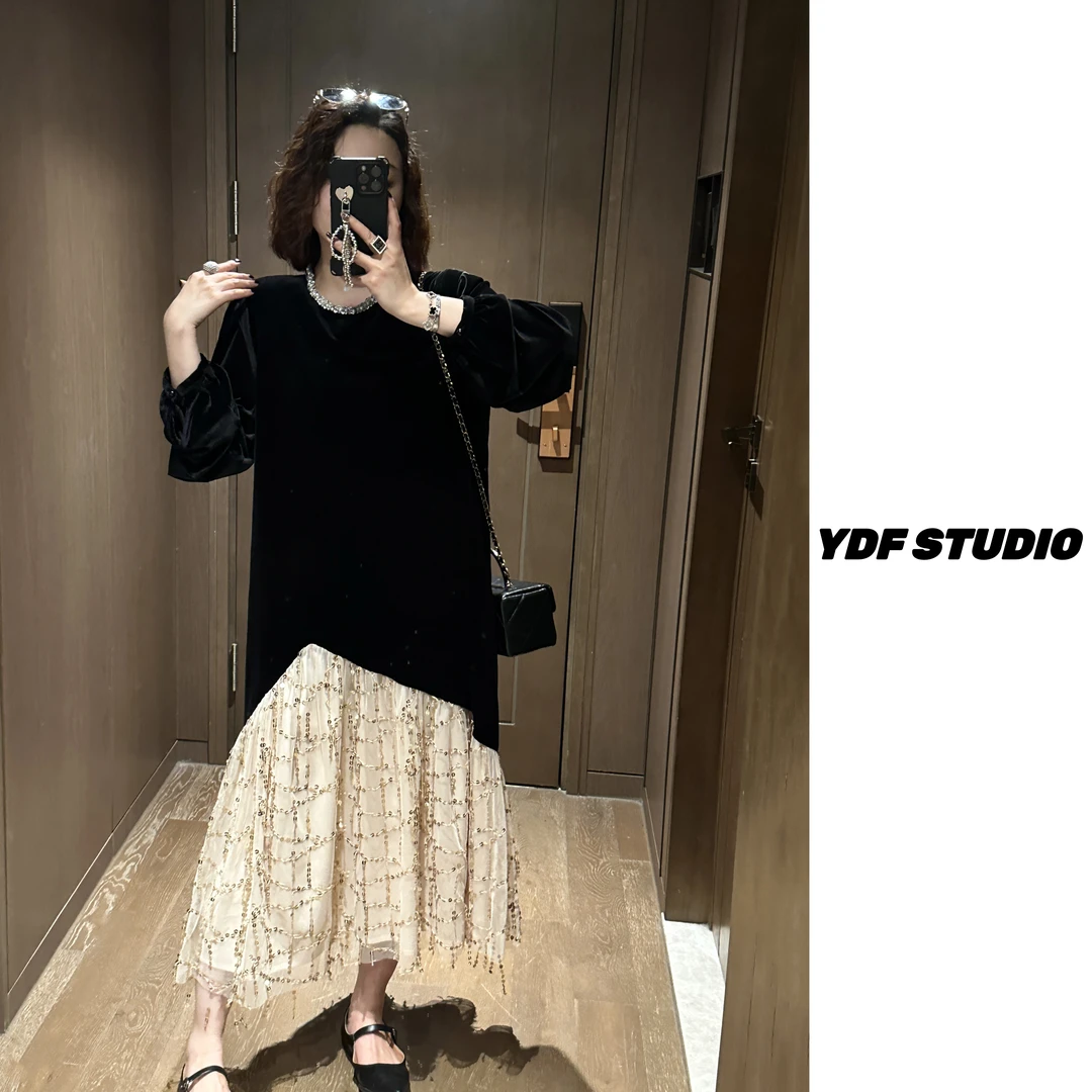 YDFSTUDIO小众【浪漫土耳其】欧货钻领下摆流苏亮片设计丝绒连衣裙