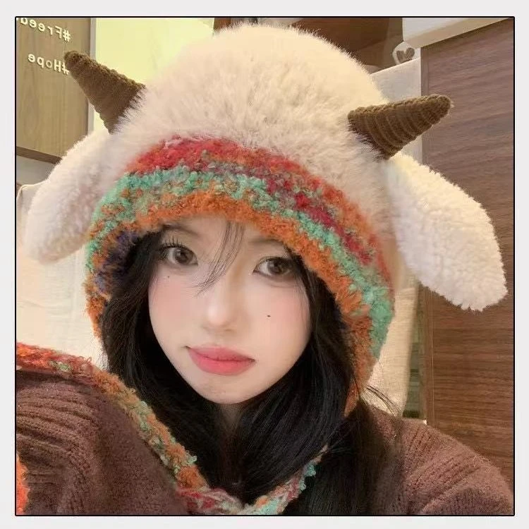 可爱小羊耳朵新款针织毛线帽子女秋冬季双层加绒保暖韩版包头帽