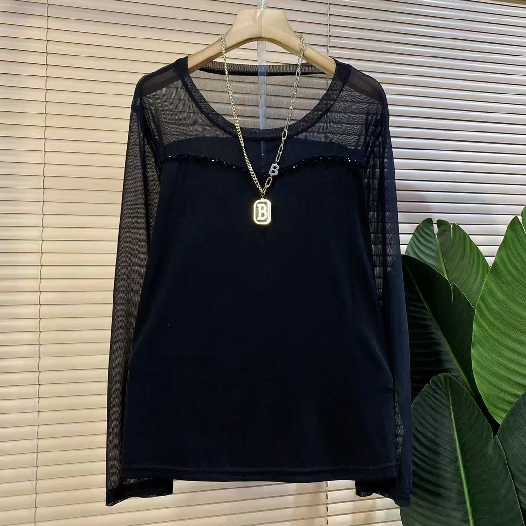 Q胖mm欧货时尚新款秋季网纱设计款气质显瘦女人衫