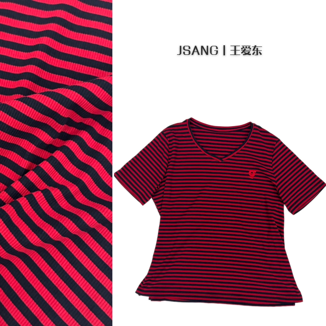 2515#王爱东大码女装丨夏季精棉条纹螺纹V领大码透气弹力宽松短袖