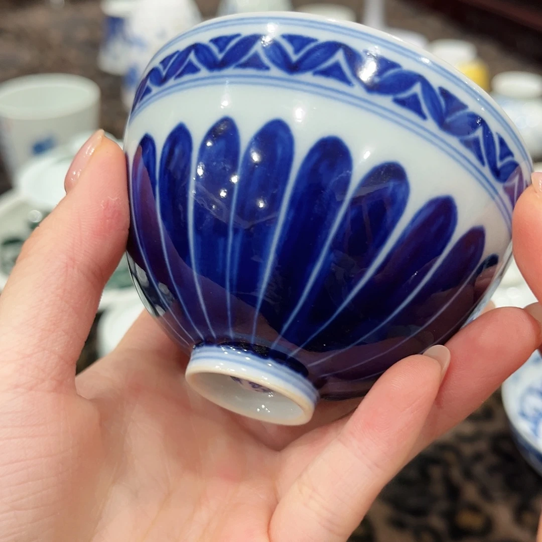 柴窑青花菊瓣鸡心90cc