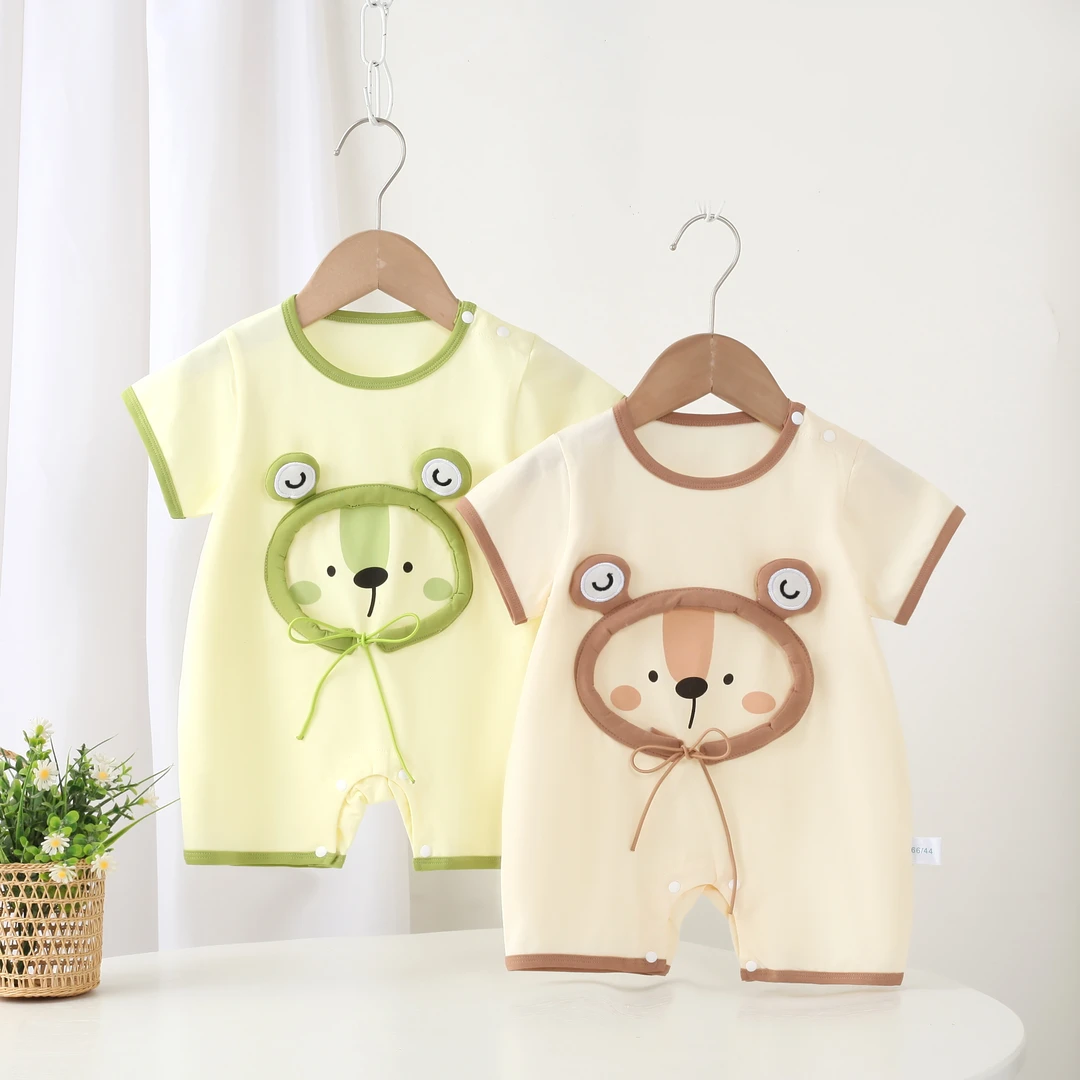 婴幼儿夏季新款圈圈小熊包条领夏连体卡通可爱短袖外出爬服