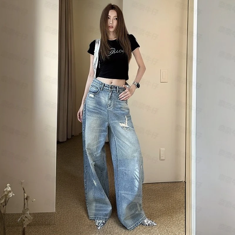女牛仔裤高腰长裤阔腿裤显瘦裤子破洞直筒裤复古新款小个子女款