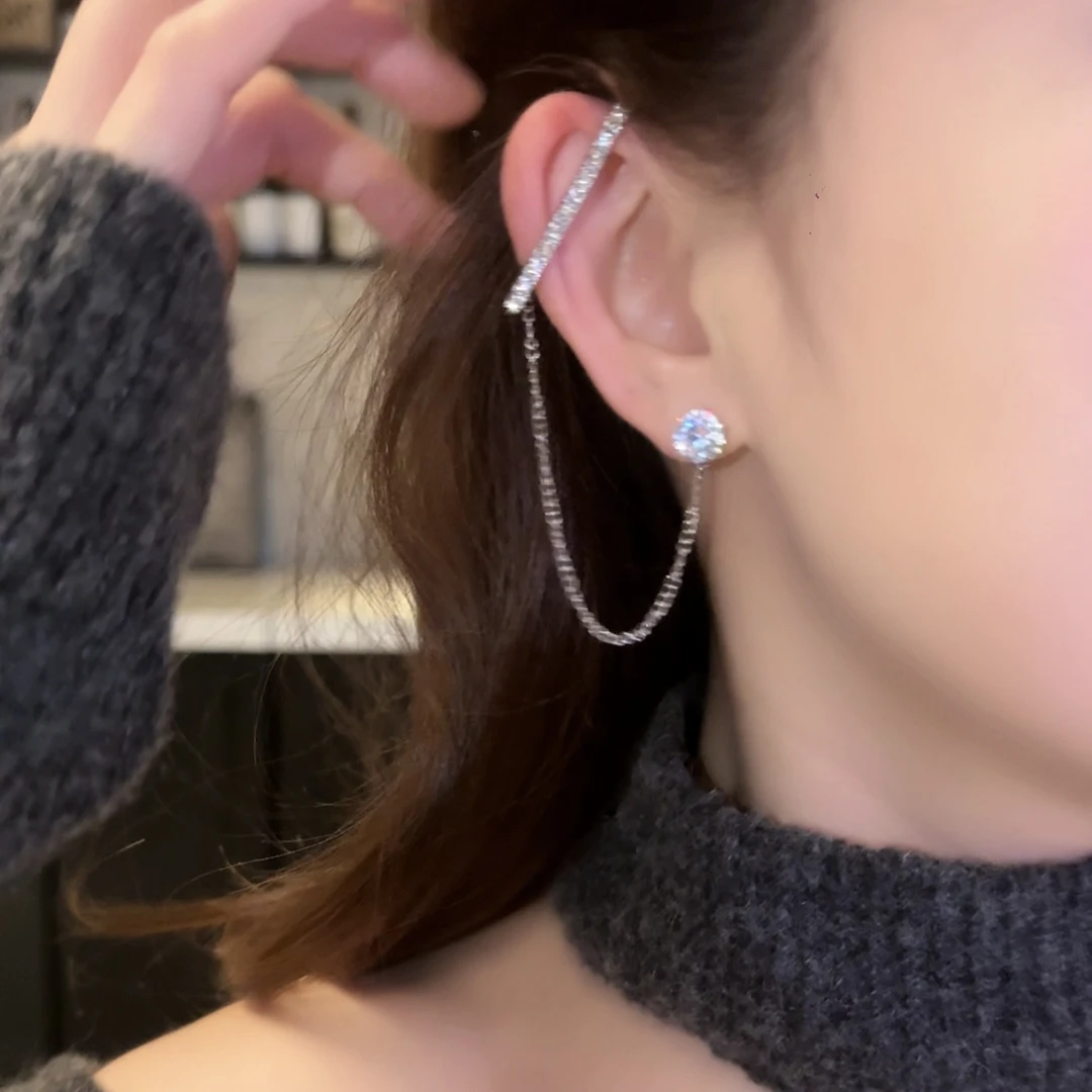 铜合金耳饰 不对称耳挂流苏耳钉潮耳环气质耳夹一体式网红同款