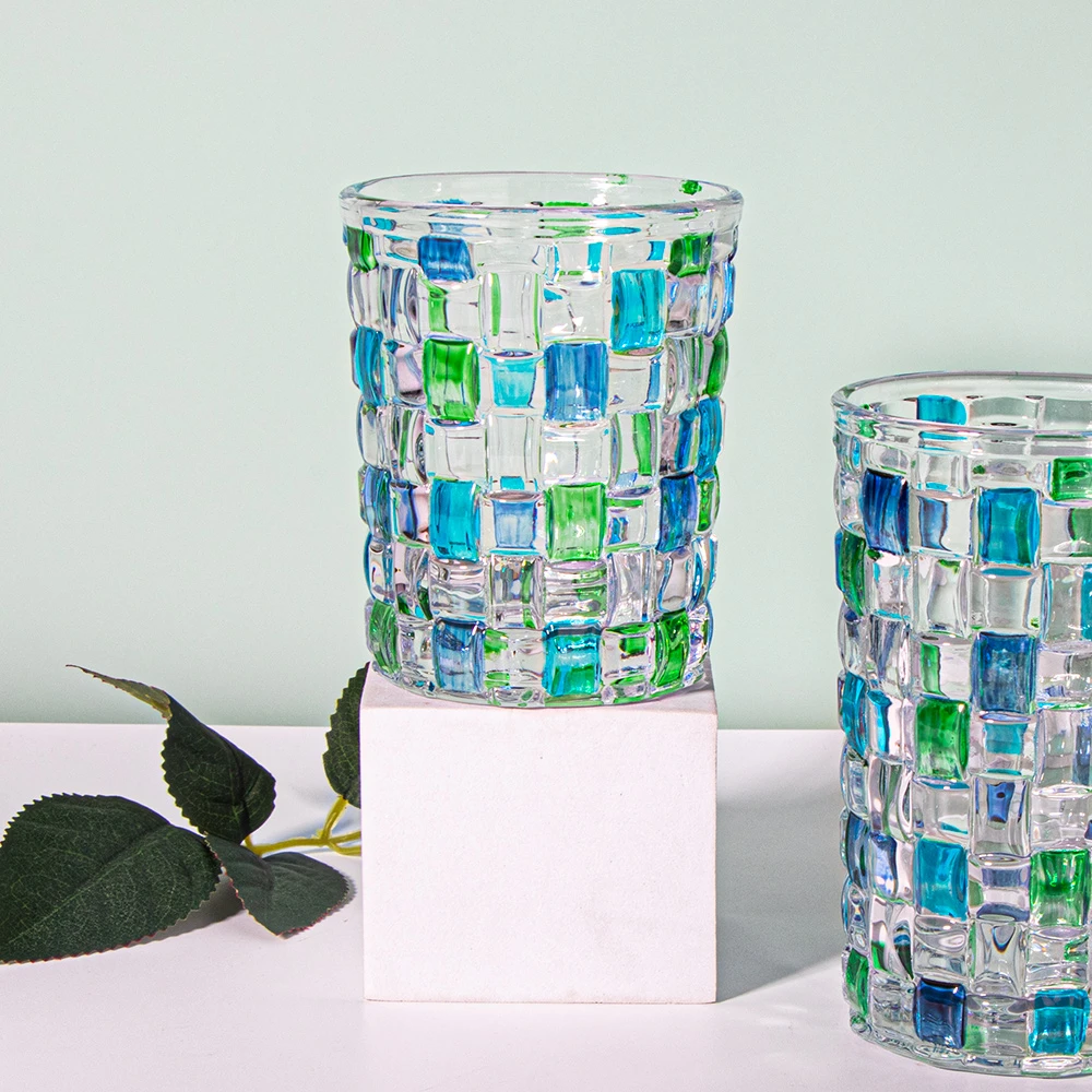 杯子2只青柠编织纹酒杯意大利设计师手工彩绘柳编水杯