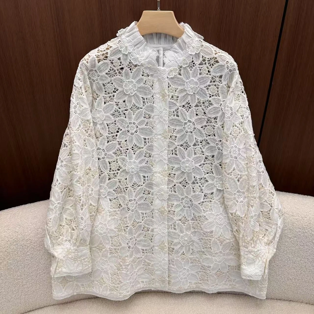 山.尔【璐婧】新中式镂空花朵苎麻衬衫