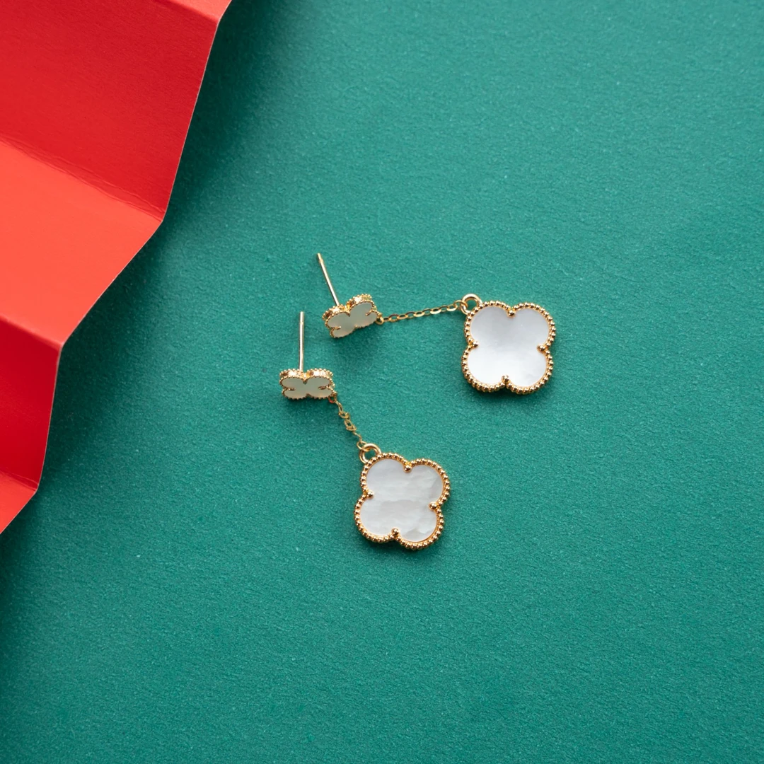 双花耳饰 双花白贝母 18k金镶嵌 k玫 k黄色 复古典雅